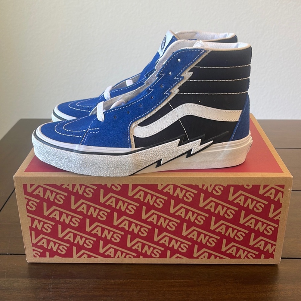 Brand new Vans boys high tops size 5.5,  blue and black with lightning bolt